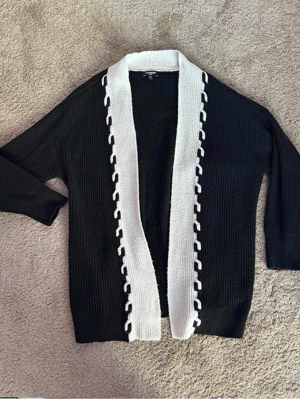 Express Black Cardigan with White Trim Open Front